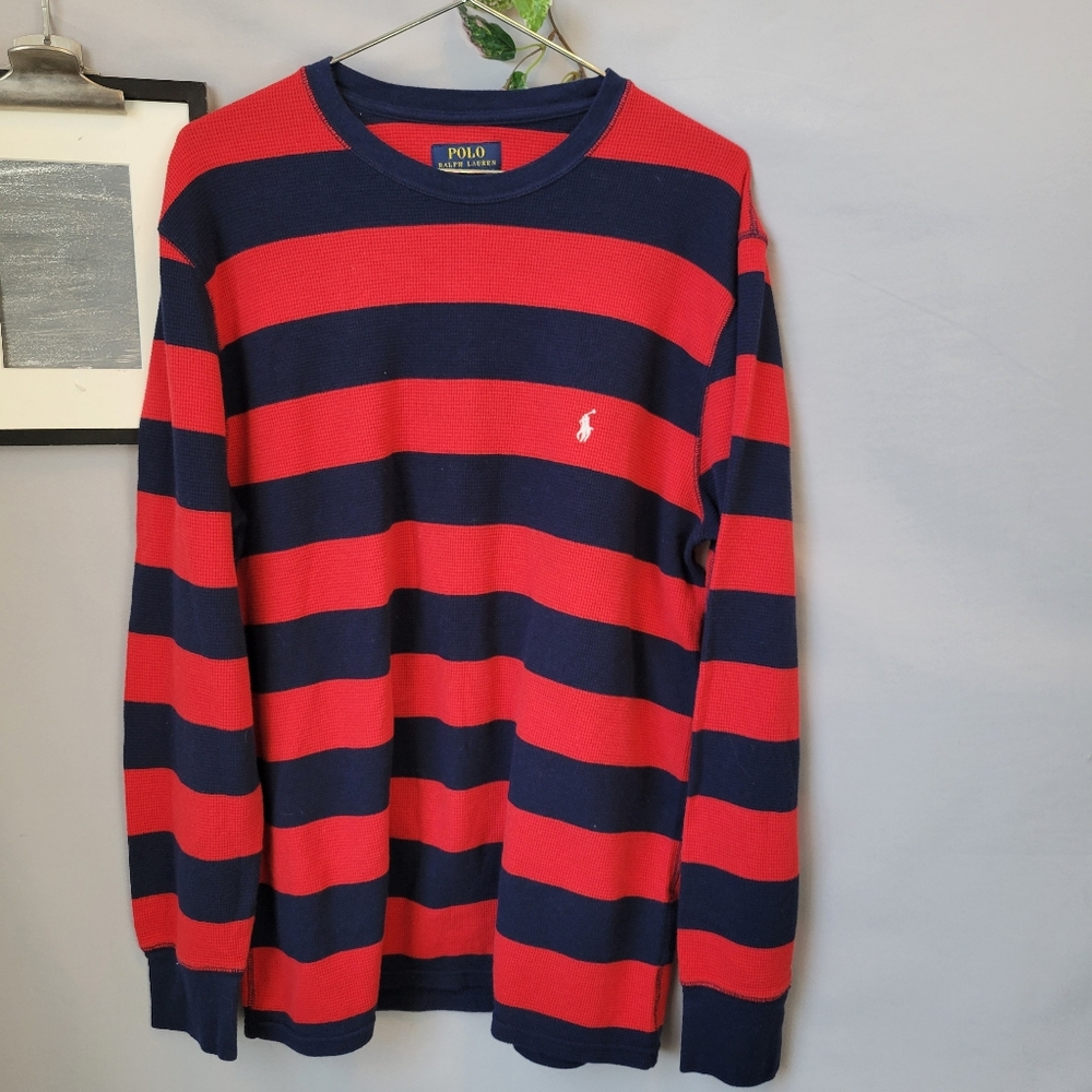 Polo Ralph Lauren Thermal Rugby Stripe Crew Long Sleeve Shirt Red Blue‎ XL